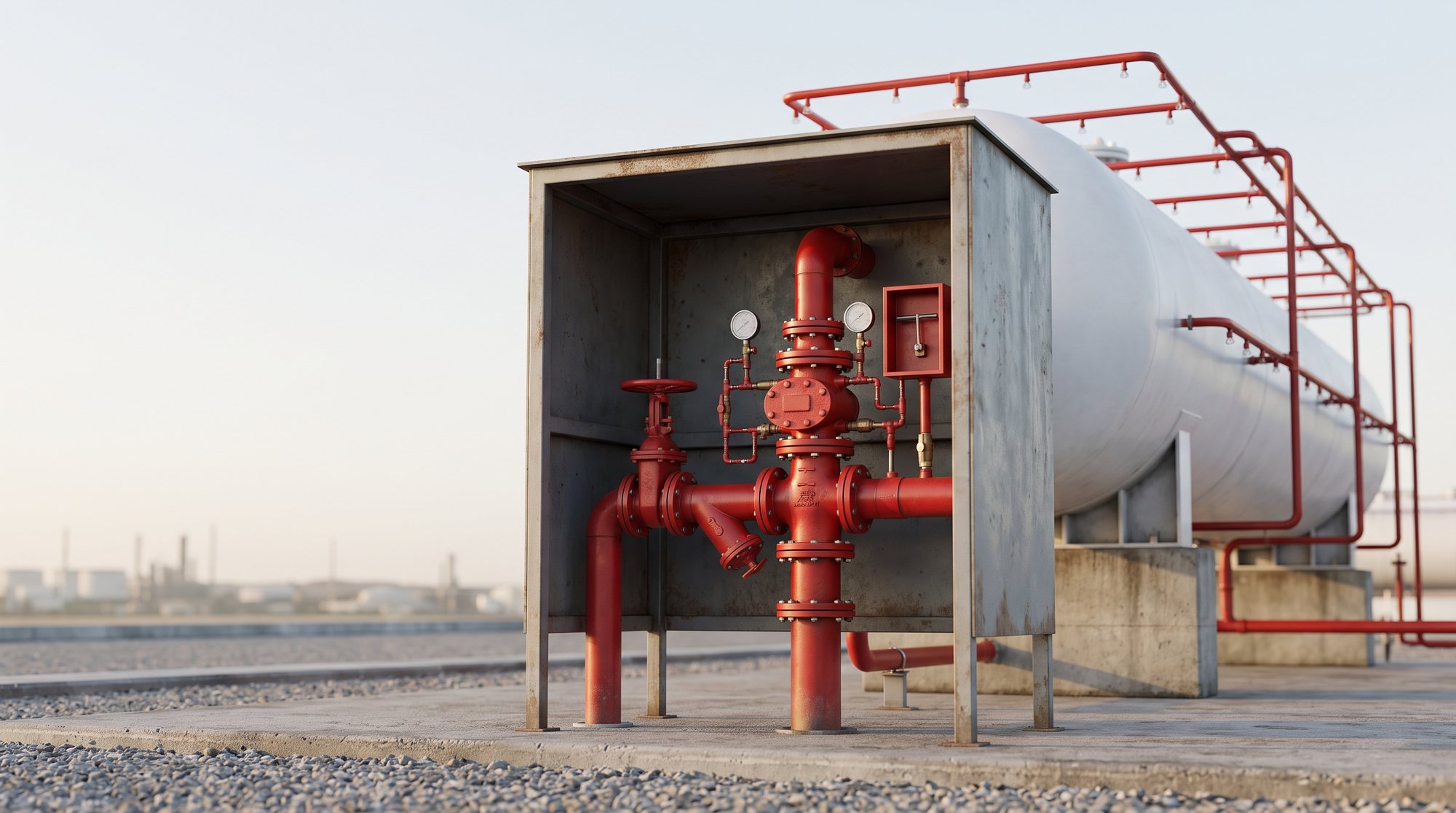 Deluge valve station: AI concept image of generic fire protection equipment