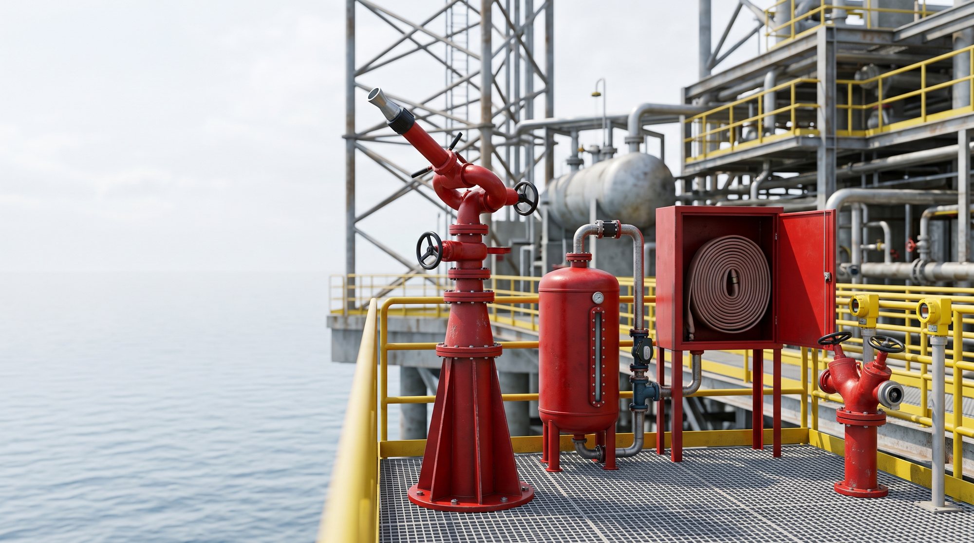 Offshore firefighting station: AI concept image of generic fire protection equipment